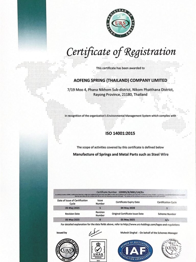 ISO 14001:2015 environmental management system certificate of AOFENG SPRING (THAILAND), Rayong plant