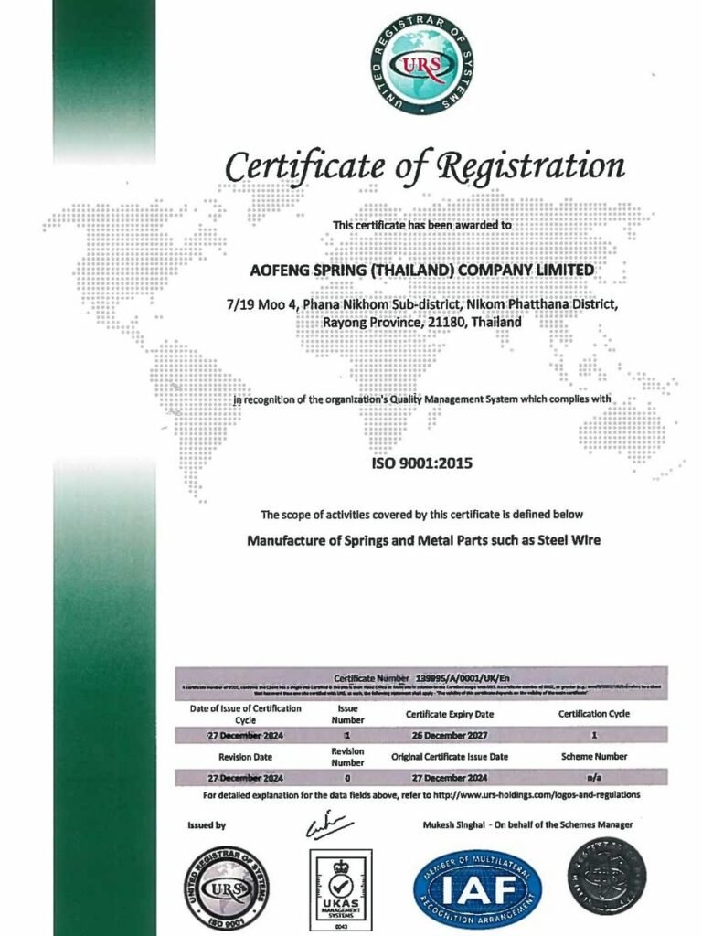 ISO 9001:2015 quality management system certificate of AOFENG SPRING (THAILAND), Rayong plant