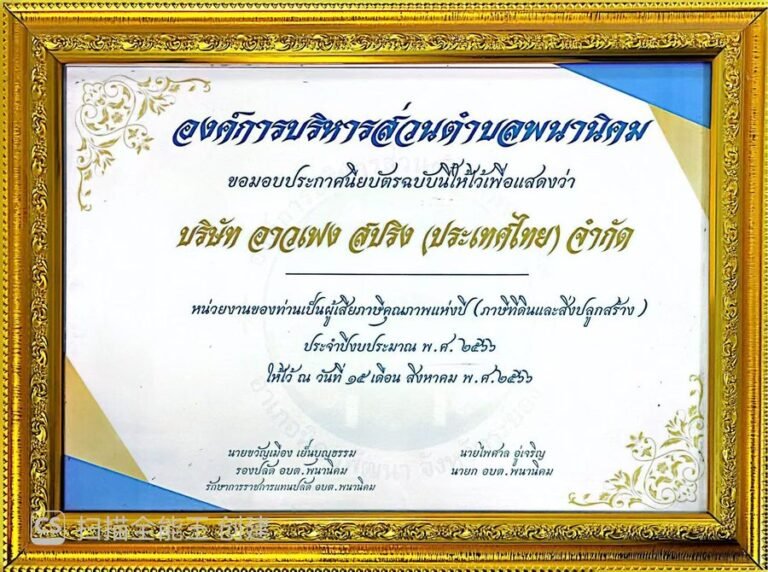 Certificate of Appreciation issued to AOFENG SPRING (THAILAND) by the Phana Nikhom sub-district, Rayong